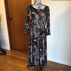 XL Nina Leonard dress midi brown cooperish tan print with 3/4 sleeves belt